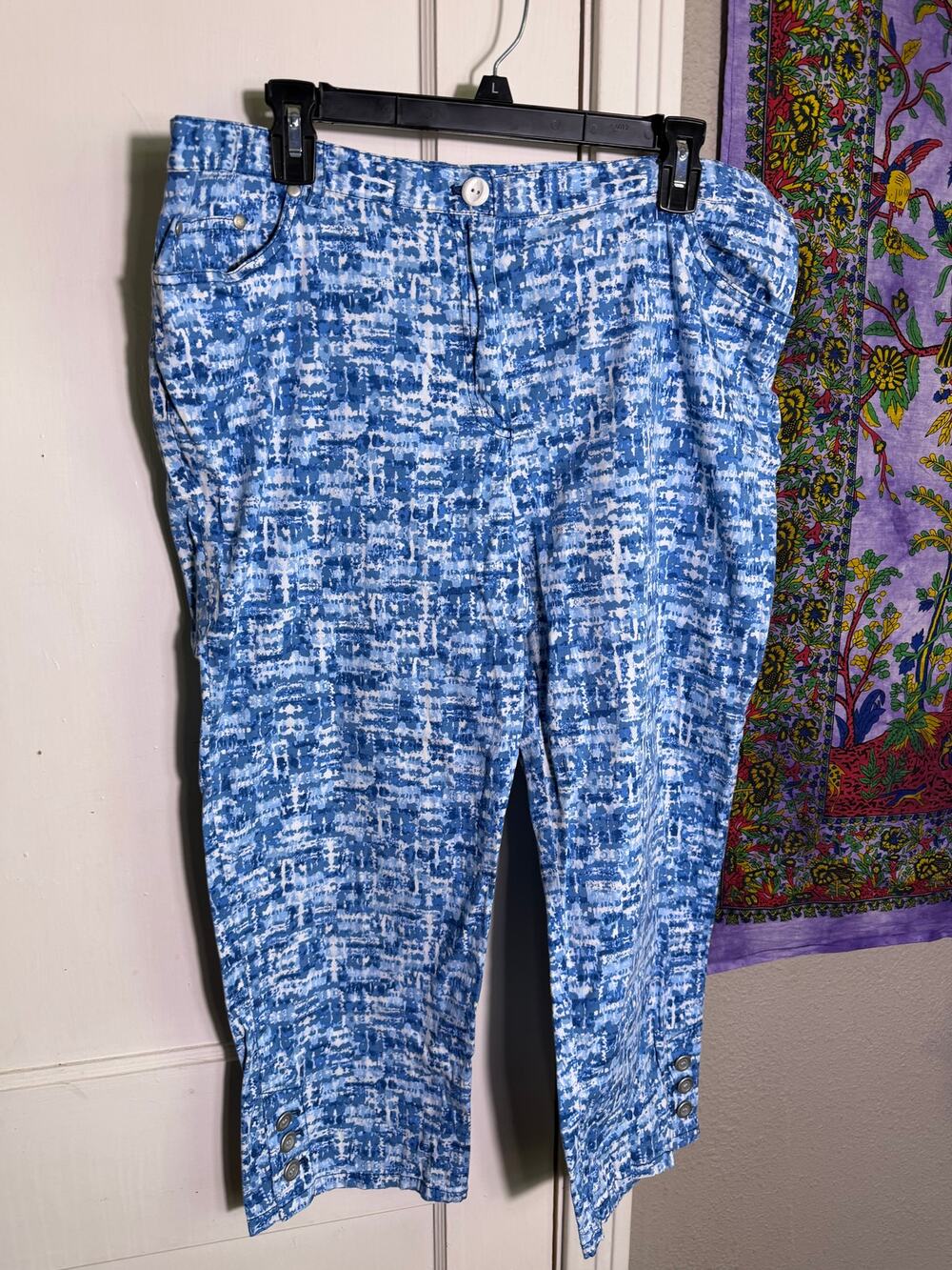Ruby Rd Womens 16 Blue White Abstract Print Cropped Capri Pants Cotton Stretch